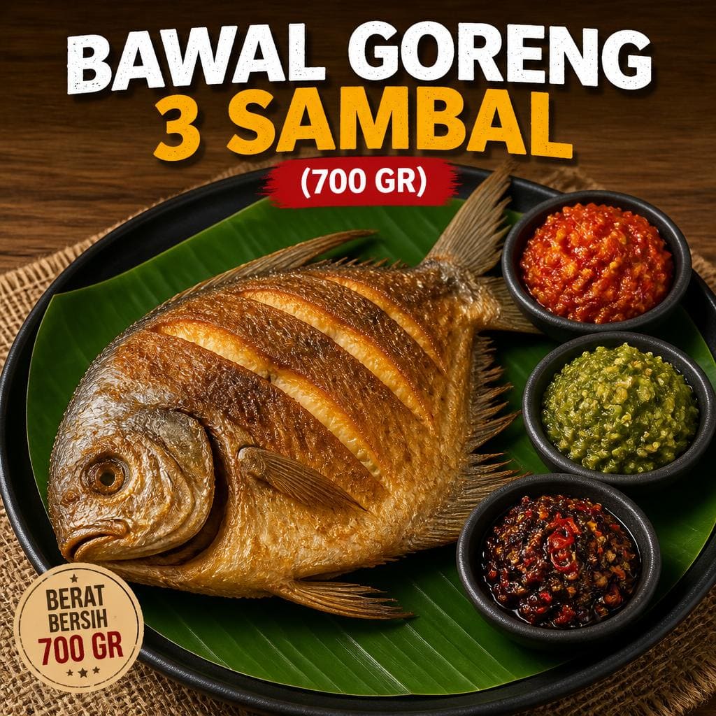 Bawal Goreng 3 Sambal 700 gr Te Sate dengan porsi ikan lebih besar dan sambal khas